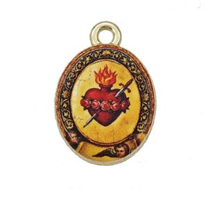 Alloy Oval Pendant Sacred Heart Painted Gold Plated, approx 14-17mm