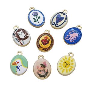 Alloy Oval Pendant Painted Gold Plated Mixed, approx 14-17mm