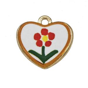 Alloy Heart Pendant Flower Painted Gold Plated, approx 15-18mm