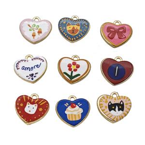 Alloy Heart Pendant Painted Gold Plated Mixed, approx 15-18mm