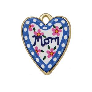 Alloy Heart Pendant Mom Flower Painted Gold Plated, approx 15-18mm