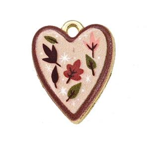 Alloy Heart Pendant Flower Painted Gold Plated, approx 15-18mm