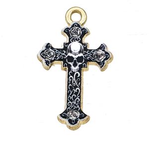 Alloy Cross Pendant Skull Painted Gold Plated, approx 15-21mm