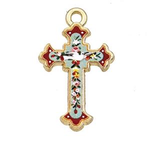 Alloy Cross Pendant Flower Painted Gold Plated, approx 15-21mm