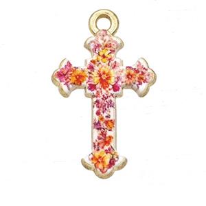 Alloy Cross Pendant Flower Painted Gold Plated, approx 15-21mm
