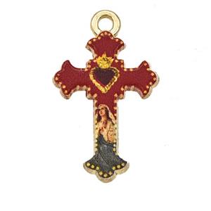 Alloy Cross Pendant Virgin Mary Painted Gold Plated, approx 15-21mm