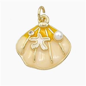 Copper Scallop Shell Pendant Pave Resin Cream Enamel Gold Plated, approx 15-17mm