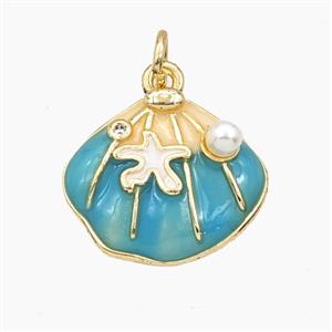 Copper Scallop Shell Pendant Pave Resin Teal Enamel Gold Plated, approx 15-17mm