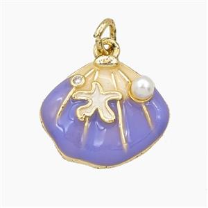 Copper Scallop Shell Pendant Pave Resin Purple Enamel Gold Plated, approx 15-17mm