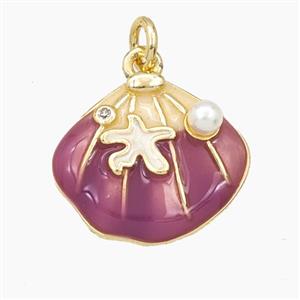 Copper Scallop Shell Pendant Pave Resin Purple Enamel Gold Plated, approx 15-17mm