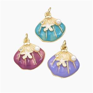 Copper Scallop Shell Pendant Pave Resin Enamel Gold Plated Mixed, approx 15-17mm
