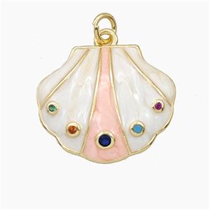 Copper Scallop Shell Pendant Pave Zirconia White Enamel Gold Plated, approx 18-22mm