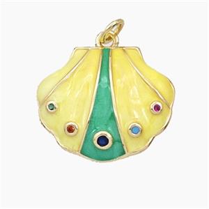 Copper Scallop Shell Pendant Pave Zirconia Yellow Enamel Gold Plated, approx 18-22mm