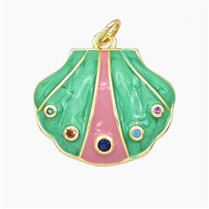 Copper Scallop Shell Pendant Pave Zirconia Green Enamel Gold Plated, approx 18-22mm