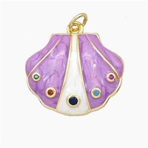 Copper Scallop Shell Pendant Pave Zirconia Purple Enamel Gold Plated, approx 18-22mm