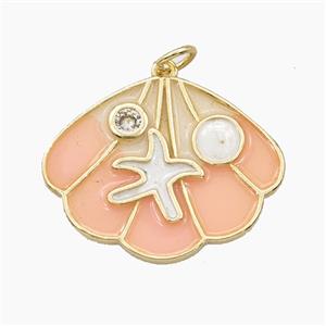 Copper Scallop Shell Pendant Pave Zirconia Starfish Pink Enamel Gold Plated, approx 20-25mm