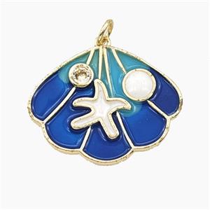 Copper Scallop Shell Pendant Pave Zirconia Starfish Blue Enamel Gold Plated, approx 20-25mm
