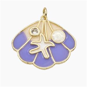 Copper Scallop Shell Pendant Pave Zirconia Starfish Lavender Enamel Gold Plated, approx 20-25mm