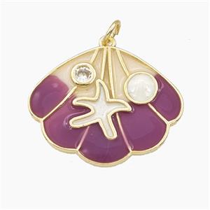 Copper Scallop Shell Pendant Pave Zirconia Starfish Purple Enamel Gold Plated, approx 20-25mm