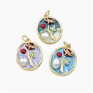 Copper Flower Pendant Pave Resin Enamel Oval Gold Plated Mixed, approx 18-21mm