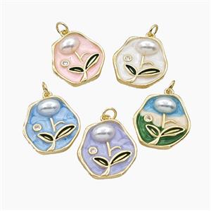 Copper Flower Pendant Pave Resin Enamel Gold Plated Mixed, approx 20mm