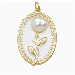 Copper Flower Pendant Pave Resin White Enamel Oval Gold Plated, approx 20-26mm