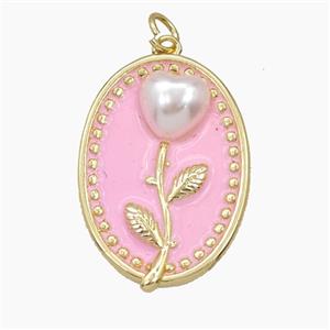 Copper Flower Pendant Pave Resin Pink Enamel Oval Gold Plated, approx 20-26mm