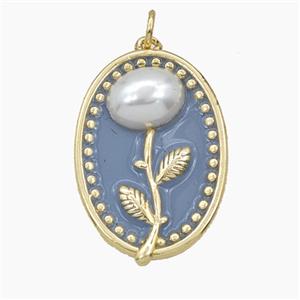 Copper Flower Pendant Pave Resin Gray Enamel Oval Gold Plated, approx 20-26mm
