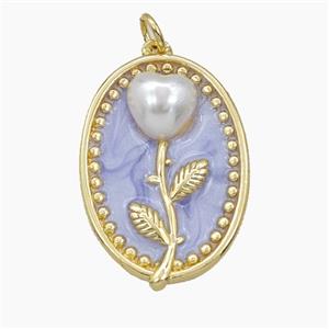Copper Flower Pendant Pave Resin Lavender Enamel Oval Gold Plated, approx 20-26mm