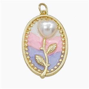 Copper Flower Pendant Pave Resin Enamel Oval Gold Plated, approx 20-26mm