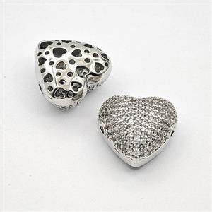 Copper Heart Beads Pave Zirconia Platinum Plated, approx 15mm