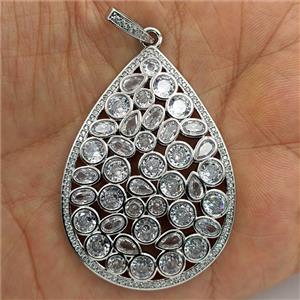 Copper Teardrop Pendant Micropave Zirconia Flat Platinum Plated, approx 37-50mm