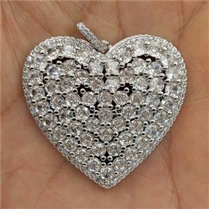 Copper Heart Pendant Pave Zirconia Platinum Plated, approx 35mm