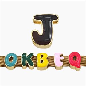 Copper Letter-J Beads Enamel Flat Hole Gold Plated, approx 9-14mm, 3-11mm hole