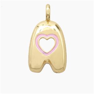 Copper Letter-A Pendant Pink Enamel Heart Gold Plated, approx 11-18mm