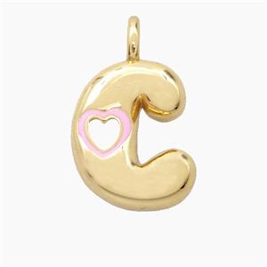 Copper Letter-C Pendant Pink Enamel Heart Gold Plated, approx 11-18mm
