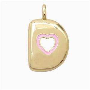 Copper Letter-D Pendant Pink Enamel Heart Gold Plated, approx 11-18mm