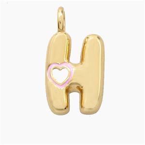 Copper Letter-H Pendant Pink Enamel Heart Gold Plated, approx 11-18mm