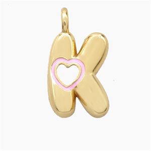 Copper Letter-K Pendant Pink Enamel Heart Gold Plated, approx 11-18mm