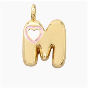 Copper Letter-M Pendant Pink Enamel Heart Gold Plated, approx 11-18mm