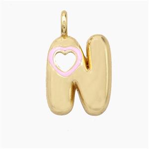 Copper Letter-N Pendant Pink Enamel Heart Gold Plated, approx 11-18mm