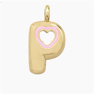 Copper Letter-P Pendant Pink Enamel Heart Gold Plated, approx 11-18mm