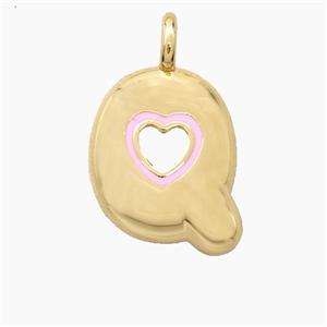 Copper Letter-Q Pendant Pink Enamel Heart Gold Plated, approx 11-18mm