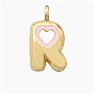 Copper Letter-R Pendant Pink Enamel Heart Gold Plated, approx 11-18mm