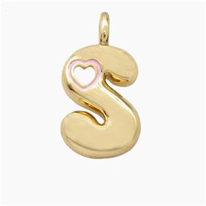 Copper Letter-S Pendant Pink Enamel Heart Gold Plated, approx 11-18mm