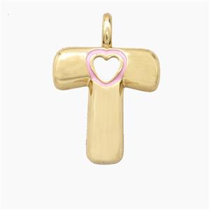 Copper Letter-T Pendant Pink Enamel Heart Gold Plated, approx 11-18mm