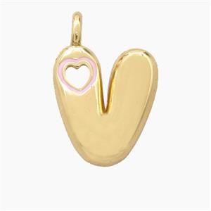 Copper Letter-V Pendant Pink Enamel Heart Gold Plated, approx 11-18mm