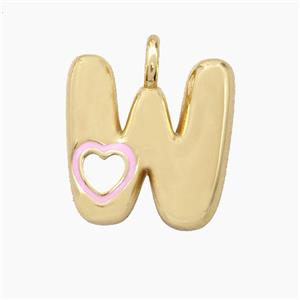 Copper Letter-W Pendant Pink Enamel Heart Gold Plated, approx 11-18mm