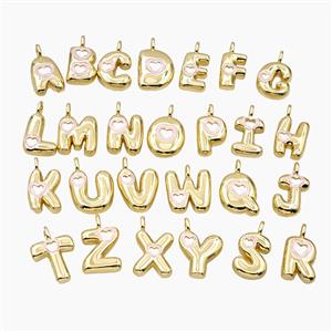 Copper Alphabet Pendant Pink Enamel Heart Gold Plated Mixed Letters, approx 11-18mm