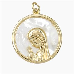 Copper Virgin Mary Pendant Pave Shell Gold Plated, approx 22mm